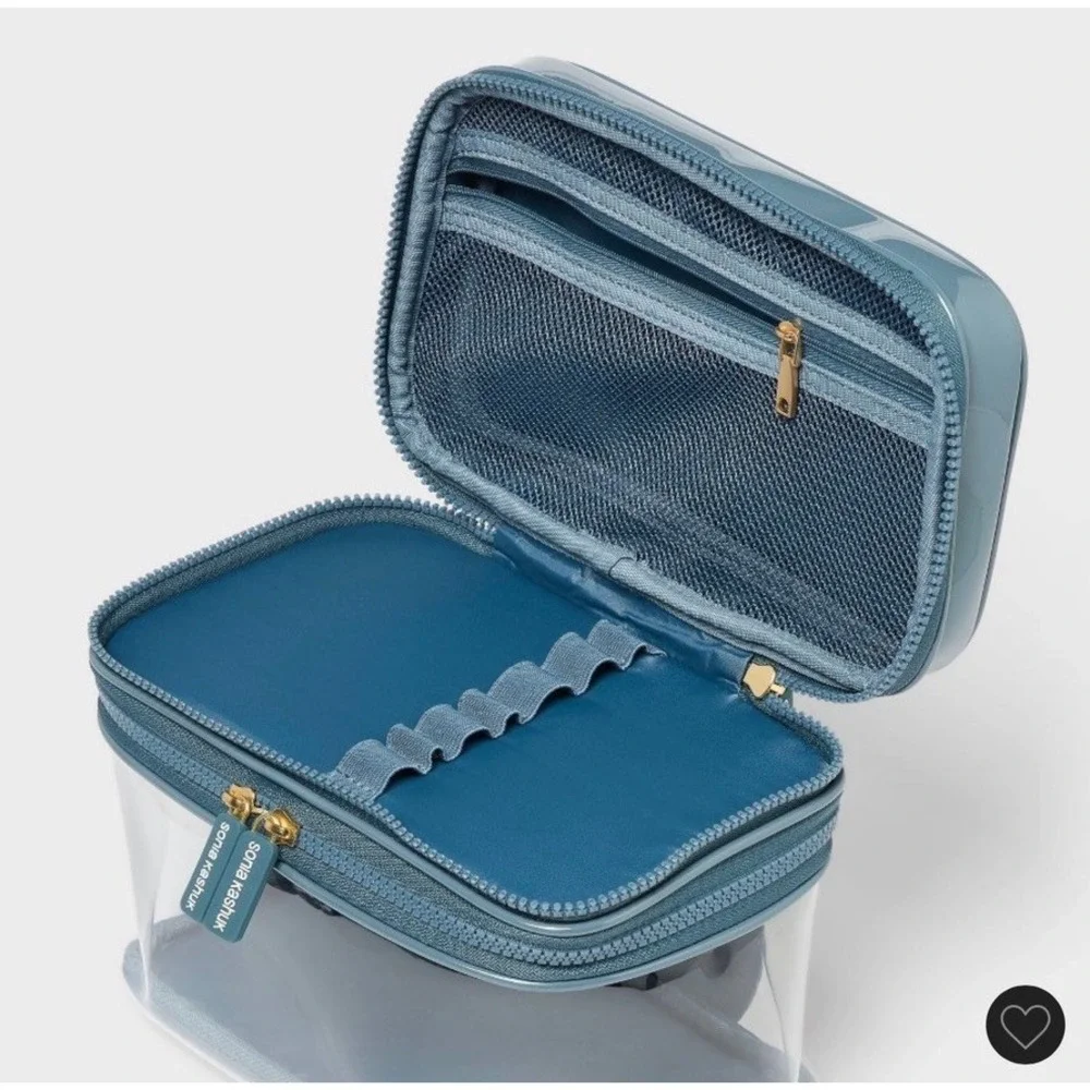 Sonia Kashuk Makeup Bag Women OS Blue Clear Dual Compartment Travel Case NWT